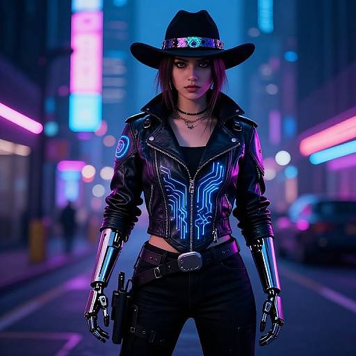Cyberpunk woman in black leather jacket, neon blue patterns, metallic gloves, black hat, dark street with neon lights, night cityscape.