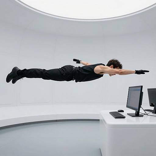 Futuristic Flying Man in Sleek Setting