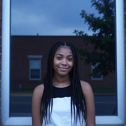 Photograph of a young Black woman with long braids, wearing a black and white top, smiling indoors at a window with a dusk sky and tree