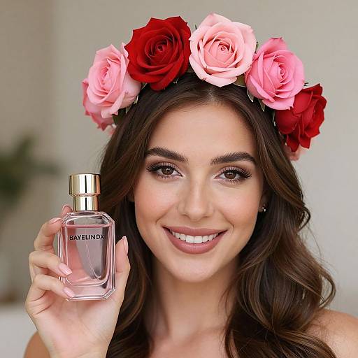 Photograph of a smiling woman with long brown hair, wearing a red and pink flower crown, holding a clear Baylène perfume bottle.