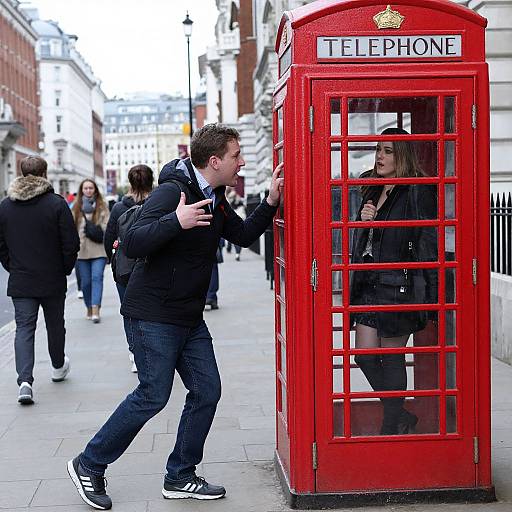 Photograph of a young man in a black jacket and sneakers, gesturing at a woman in a red telephone booth on a busy city street.