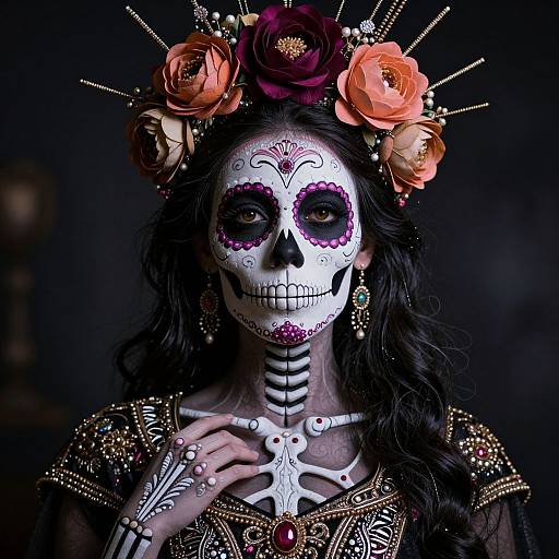 Photograph of a woman with Day of the Dead skull makeup, black hair, flower crown, ornate gold jewelry, and dark background.