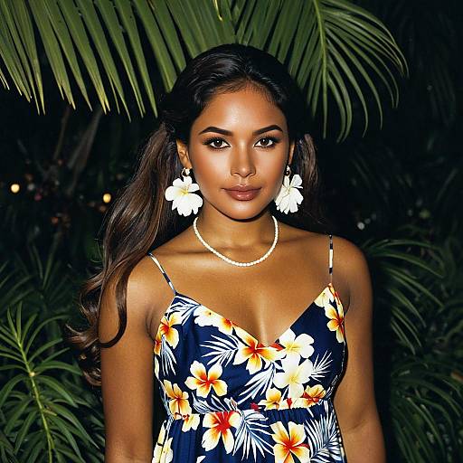 Elegant Dark-Skinned Woman in Hawaiian Floral Dress