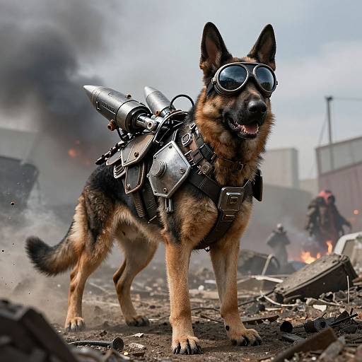 Photorealistic CGI of a German Shepherd dog wearing steampunk goggles and metallic armor, standing in a war-torn, smoky urban battlefield.