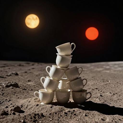 Photograph of a stack of white teacups on a moon-like surface, illuminated by two bright orbs, one yellow and one red, against a