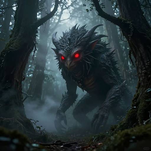 Digital artwork of a terrifying, dark, horned creature with glowing red eyes crouching in a misty, dense forest, surrounded by tall,
