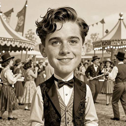 Sepia-toned photograph of a young boy with curly hair, wearing a vintage vest and bow tie, smiling at a Victorian-era fair. Background features