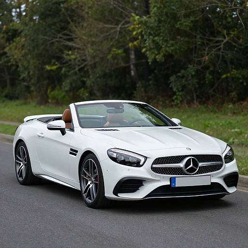Photograph of a sleek, white Mercedes-Benz convertible with black accents and blue racing stripe, driving on a road through a forest.