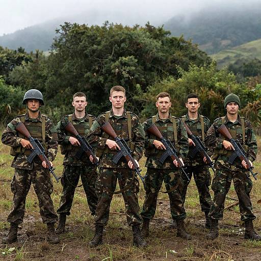Six Soldiers in Camouflage Uniforms Standing in Field