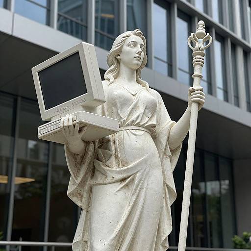 Photograph of a white marble statue of a classical female figure holding a computer and staff, standing in front of a modern glass building.