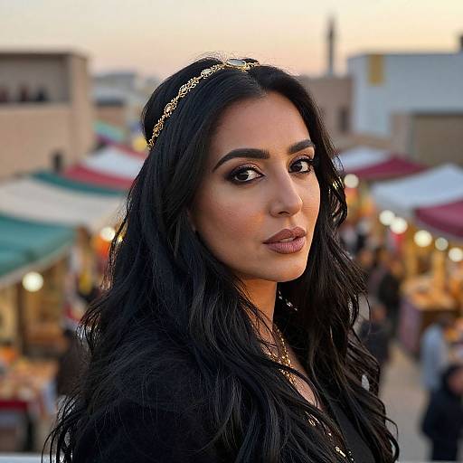 Photograph of a beautiful woman with long black hair, dark eyes, and brown lipstick, wearing a gold headband, in a bustling outdoor market at