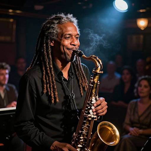 Photograph of a middle-aged Black man with long dreadlocks playing a golden saxophone on stage, wearing a black shirt, with a smoky background