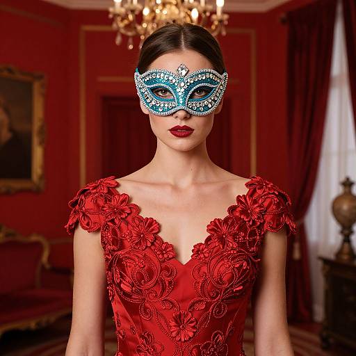 Photograph of a woman with dark hair in an elegant red dress with floral embroidery, wearing a blue, bejeweled masquerade mask,