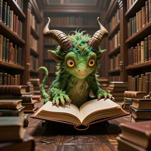 CGI image of a green, furry, horned creature with large yellow eyes, reading an open book in a dimly lit, overflowing library.