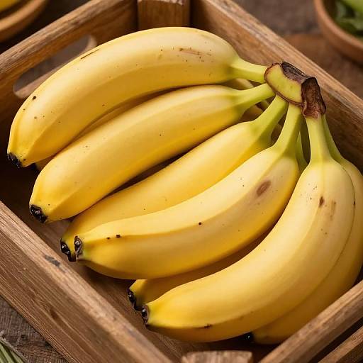 Photograph of a bunch of yellow bananas with small brown spots, in a rustic wooden crate, highlighting vibrant yellow and natural wood textures.