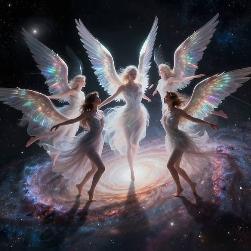 Digital art: Four ethereal, glowing white-winged angels in flowing dresses, silhouetted against a cosmic nebula, surrounded by radiant light