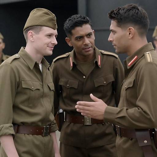 Three Men in WWII Military Uniforms Talking