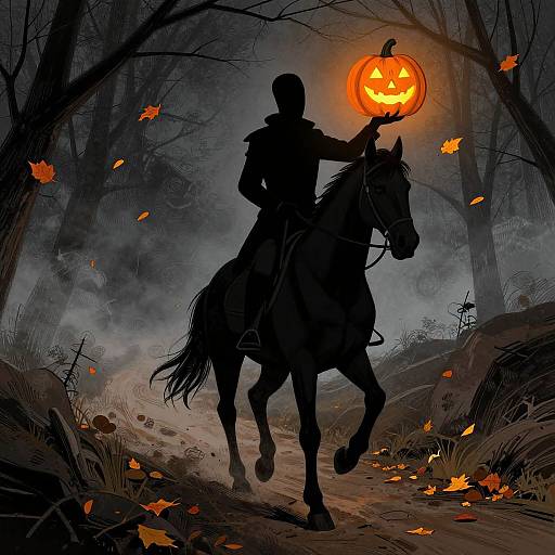Silhouetted figure on horse holds glowing jack-o'-lantern, surrounded by autumn leaves and dark, misty forest in eerie, digital artwork