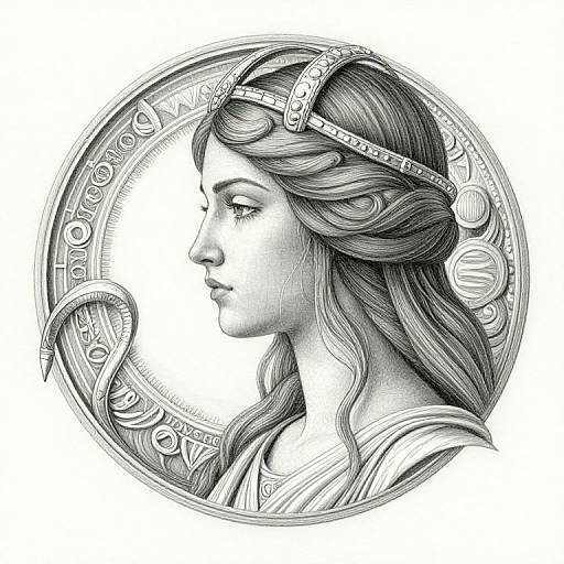 Black-and-white digital drawing of a side profile of a woman with wavy hair, wearing a detailed headband, set within an ornate circular frame