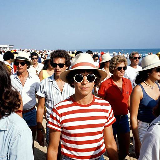 Photograph of a crowded beach scene with a man in a red-striped shirt, white hat, and round sunglasses in the foreground.