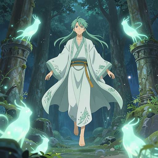 Anime-style digital illustration of a green-haired person in a white kimono with green patterns, surrounded by glowing blue fireflies, walking between ancient stone pillars