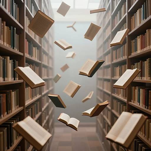 Photograph of a misty library aisle with floating books between tall, filled wooden bookshelves, creating a magical, ethereal atmosphere.