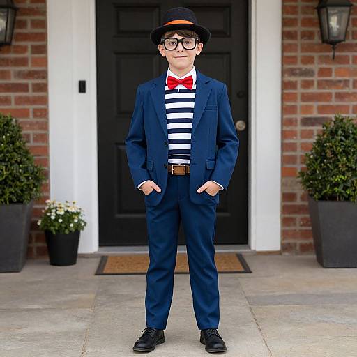 Photograph of a young boy in a navy suit, red bow tie, black-and-white striped shirt, black hat, and glasses, standing confidently in