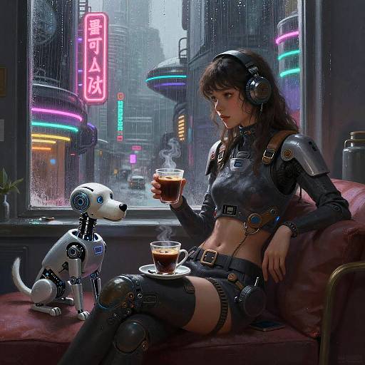 Cyberpunk Woman with Robotic Dog and Coffee