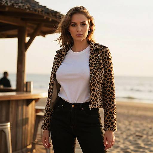 Photograph of a confident woman with wavy brown hair, wearing a leopard print jacket, white top, and black high-waisted pants, standing