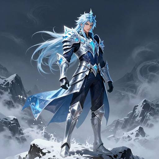 Digital fantasy artwork of a blue-haired, armored warrior with glowing ice accents, standing on a snowy mountain peak, surrounded by mist and jagged rocks.