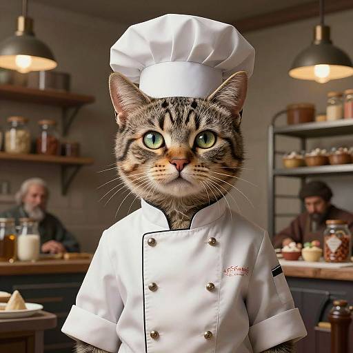 Photorealistic digital art of a tabby cat in a white chef's uniform and hat, with green eyes, standing in a cozy kitchen with blurred