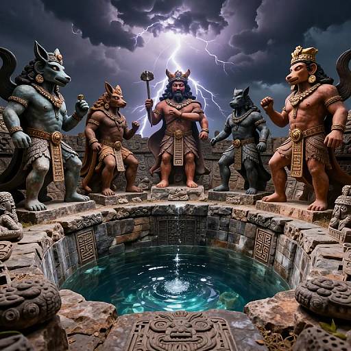 Photograph of five muscular, anthropomorphic Hindu god statues with lightning backdrop, standing around a glowing, circular water fountain. Dark, stormy sky.