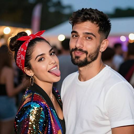 Photograph of a smiling woman with dark hair in a bun, red bandana, sequined top, and a bearded man in a white t
