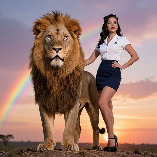 Photograph of a confident woman in white blouse and black skirt standing beside a majestic lion at sunset, with a rainbow in the sky.
