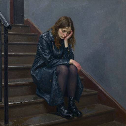 Photograph of a sad woman with wavy brown hair, wearing a dark blue dress and black boots, sitting on dark wooden stairs, resting her head
