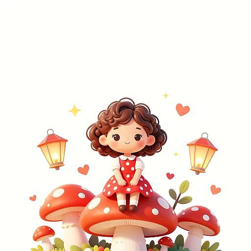 Cute Cartoon Girl on Mushroom