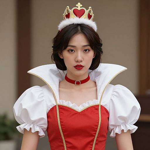 Photograph of an Asian woman with short black hair, wearing a red and white Cinderella costume, gold crown, red choker, and white p