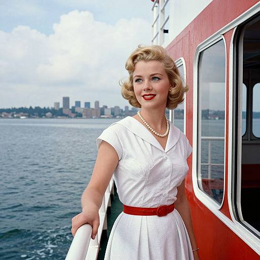 Vintage-style photograph of a blonde woman in a white dress and pearl necklace, standing on a red bus by the sea, with a city skyline in the