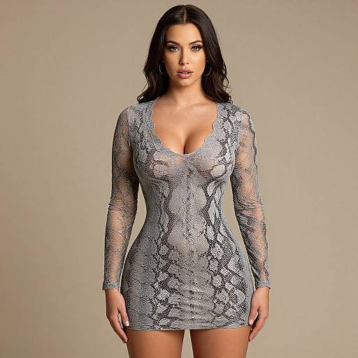 Photograph of a woman with long black hair wearing a sheer, gray lace mini dress with a deep V-neck, revealing her cleavage and body shape