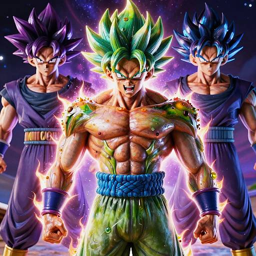 Digital artwork of Super Saiyan Vegeta, glowing with energy, flanked by Super Saiyan Trunks and Super Saiyan Gotenks, in