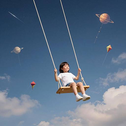 Photograph of an Asian child with black hair, wearing a white shirt and shorts, swinging on a wooden swing against a vibrant blue sky with colorful k