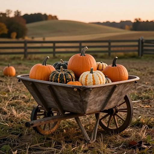 Photograph of a rustic wooden wheelbarrow filled with various pumpkins, set in a grassy autumn field with a wooden fence and rolling hills in