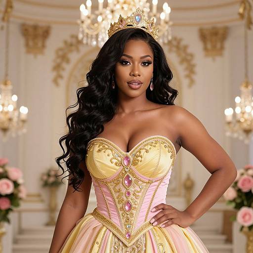 Photograph of a beautiful Black woman with long, wavy black hair, wearing a gold tiara, strapless yellow and pink corset gown with