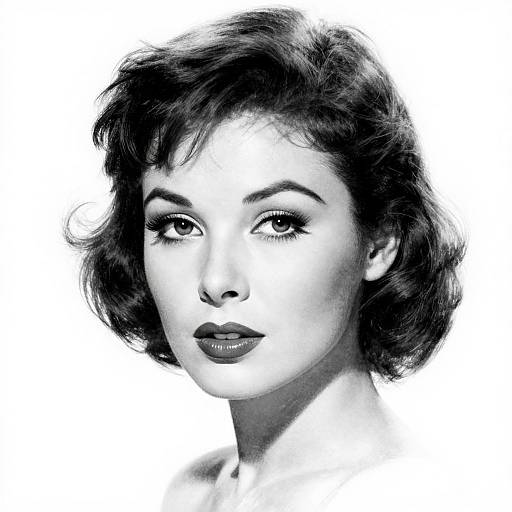 Black-and-white digital drawing of a 1950s-style woman with short, wavy dark hair, full lips, and expressive eyes, gazing