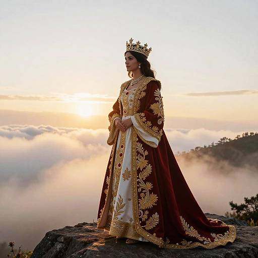 Photograph of a regal woman in a red and gold medieval-style gown with a crown, standing on a rocky cliff at sunrise, surrounded by mist