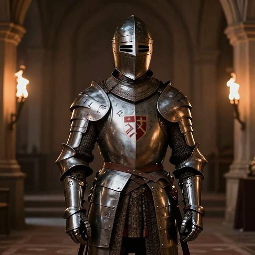Photograph of a medieval knight in full, reflective steel armor with a red shield emblem, standing in a dimly lit, Gothic-style hall with two