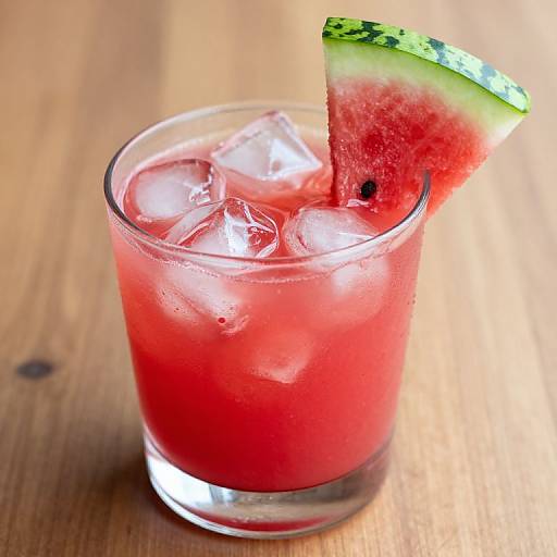 Photograph of a red watermelon margarita in a clear glass with ice cubes and a watermelon slice garnish on a wooden table.
