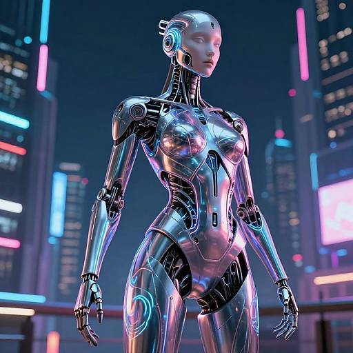 Biomechanical AI Body in Cyberpunk City