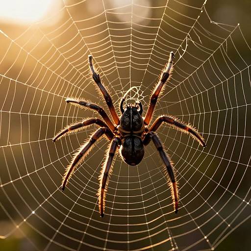 Photograph of a large, hairy spider with red-tipped legs centered on its intricate web, illuminated by warm sunlight.