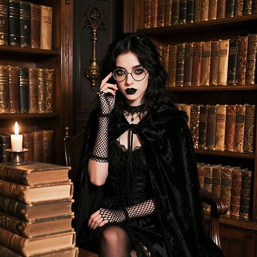 Gothic woman with black hair, glasses, fishnet gloves, and black lace dress, seated in dimly lit library with candlelit booksh